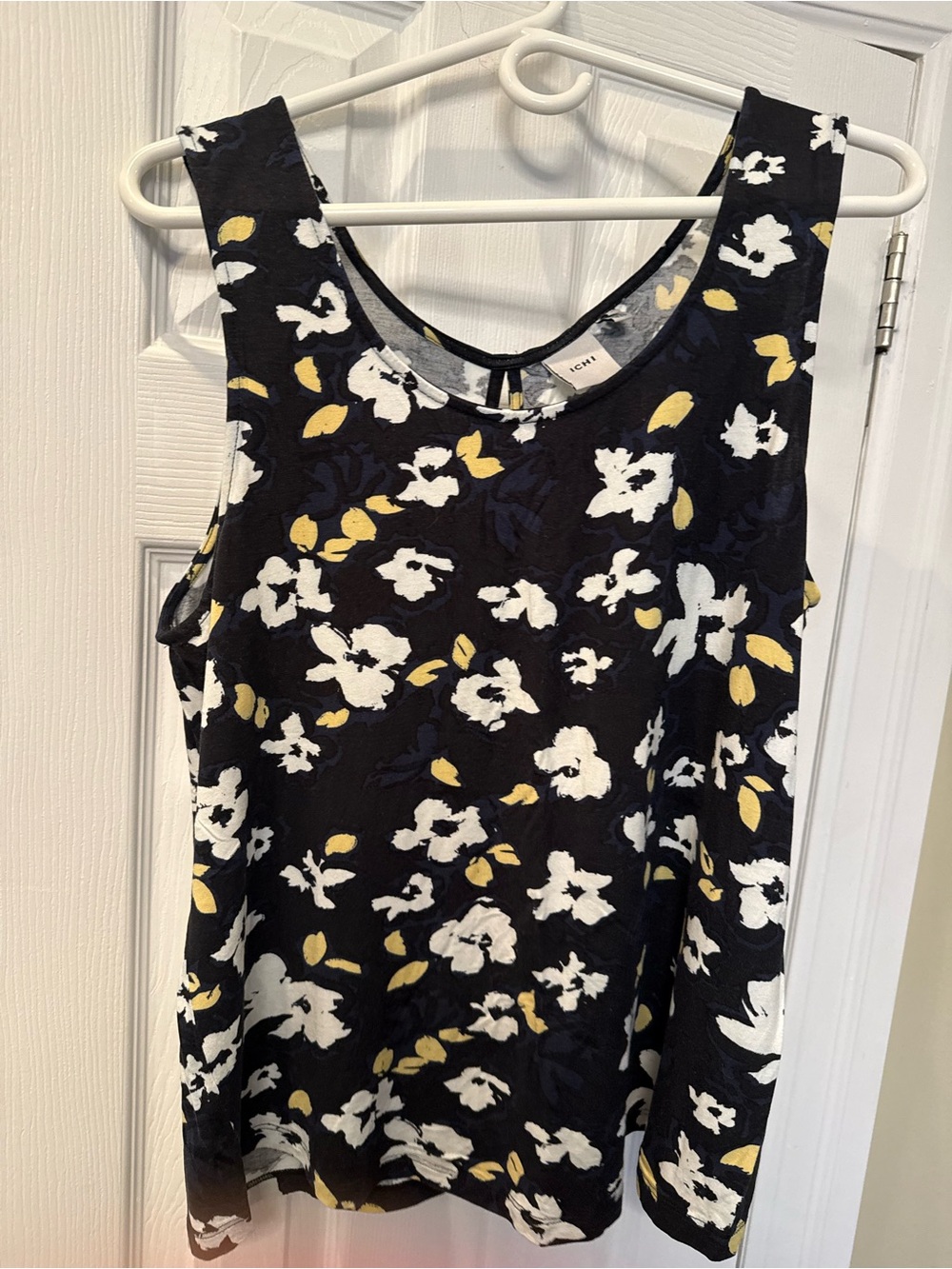 ICHI Black Floral Tank Top with White & Yellow Print